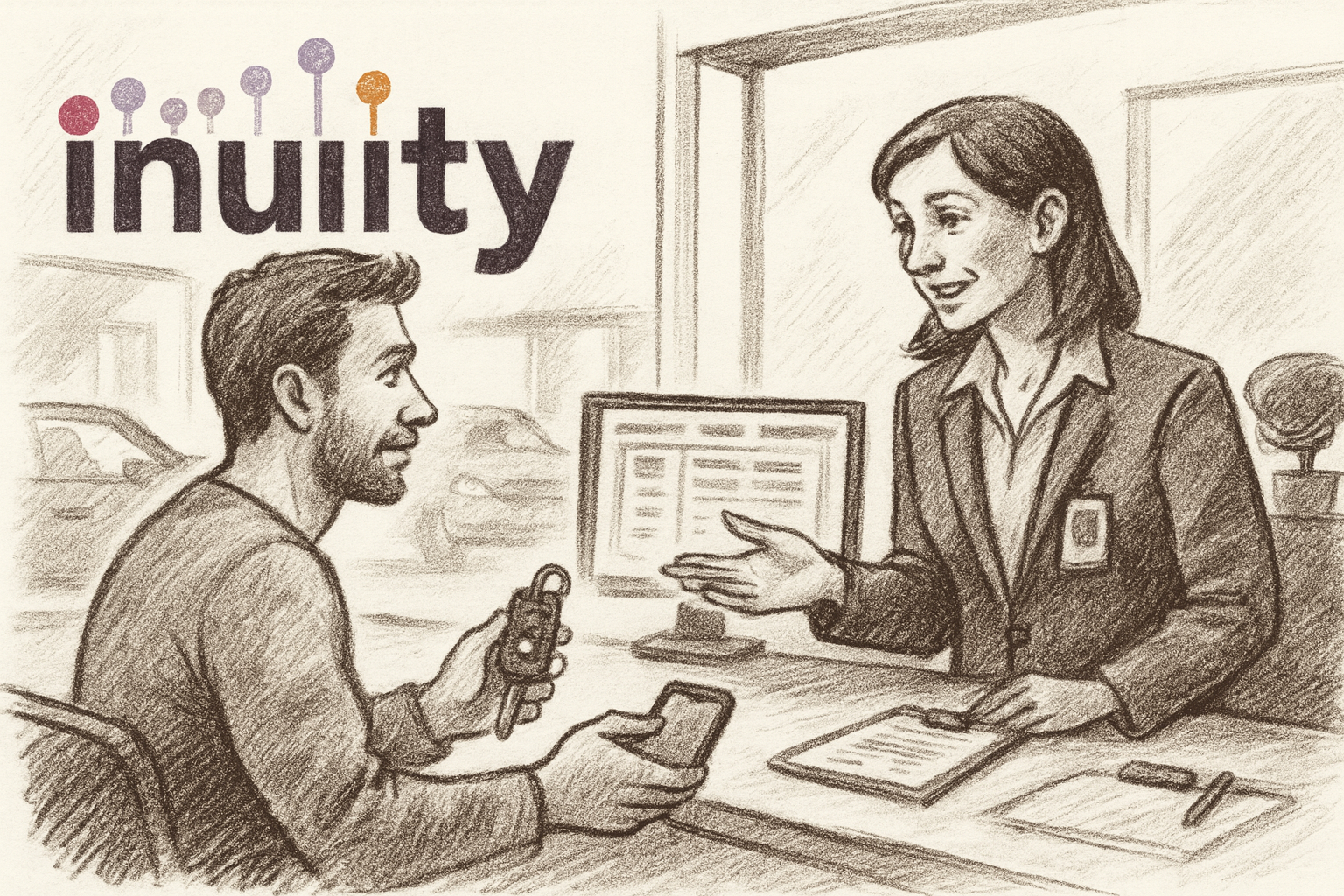 Customer speaking with a rental insurance specialist at the counter